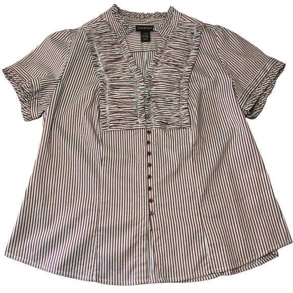 Lane Bryant Ruffle Button Up Blouse Short Sleeve Red White Stripe Size 14/16 - Picture 2 of 9